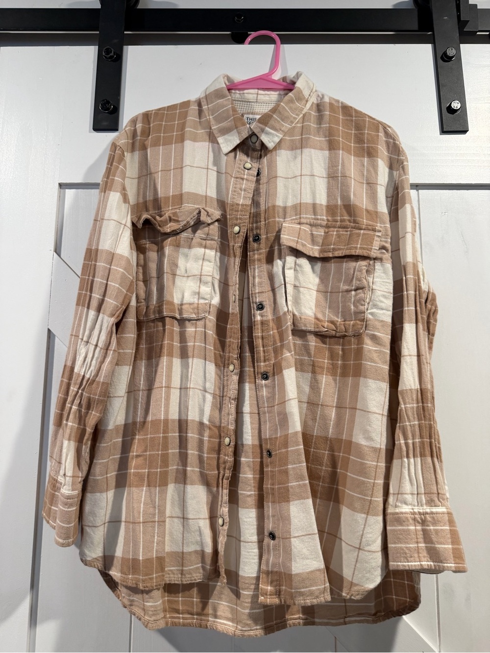 American Eagle Outfitters Beige and Cream Plaid Button-Up